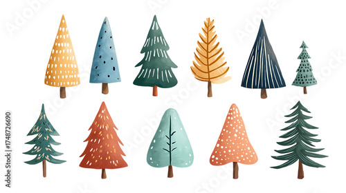 set of cute cartoon christmas trees in different shades of green
