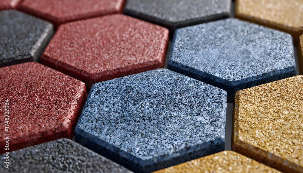 Fototapeta premium Multicolor hexagons abstract pattern, rubber crumb texture background, flooring for stadiums and playgrounds