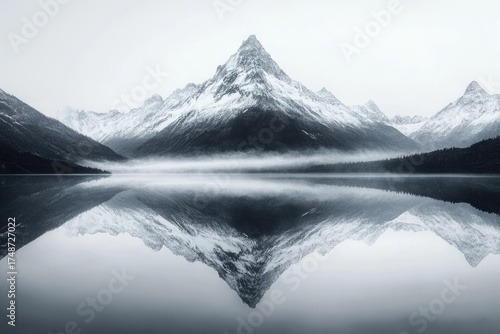 Majestic snow-capped mountain perfectly reflected in a serene, misty lake, creating a stunning symmetrical monochrome landscape.
