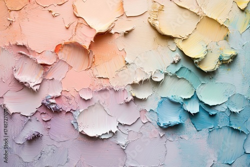 Vibrant textured abstract painting with thick impasto strokes in a soft pastel gradient of pink, yellow, blue, and purple hues.