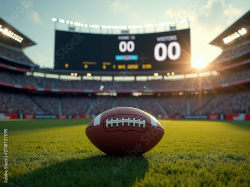 A cinematic close-up of a jumbotron over the end zone, a football on the tee below, bathed in golden-hour light.