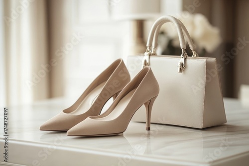 Elegant beige suede high heels and a matching white structured handbag, stylishly arranged on a reflective surface, exuding luxury and sophistication.