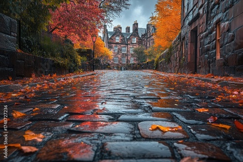 Wet cobblestone street lined with vibrant autumn trees and historic buildings, scattered with fallen leaves under a dramatic cloudy sky.