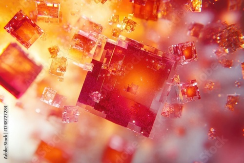 Vibrant abstract image featuring numerous glowing red and orange crystalline cubes floating in a radiant, atmospheric space.