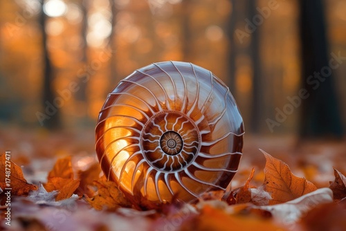 A beautiful cut nautilus shell, displaying the golden ratio spiral, rests among vibrant autumn leaves in a warmly lit forest setting.
