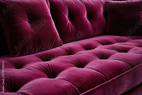 Luxurious deep magenta velvet sofa. Elegant tufted upholstery, plush cushions, and button details highlight rich texture, offering opulent, sophisticated comfort.