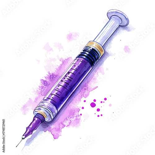 Syringe, watercolor illustration vector, isolated on a white background.