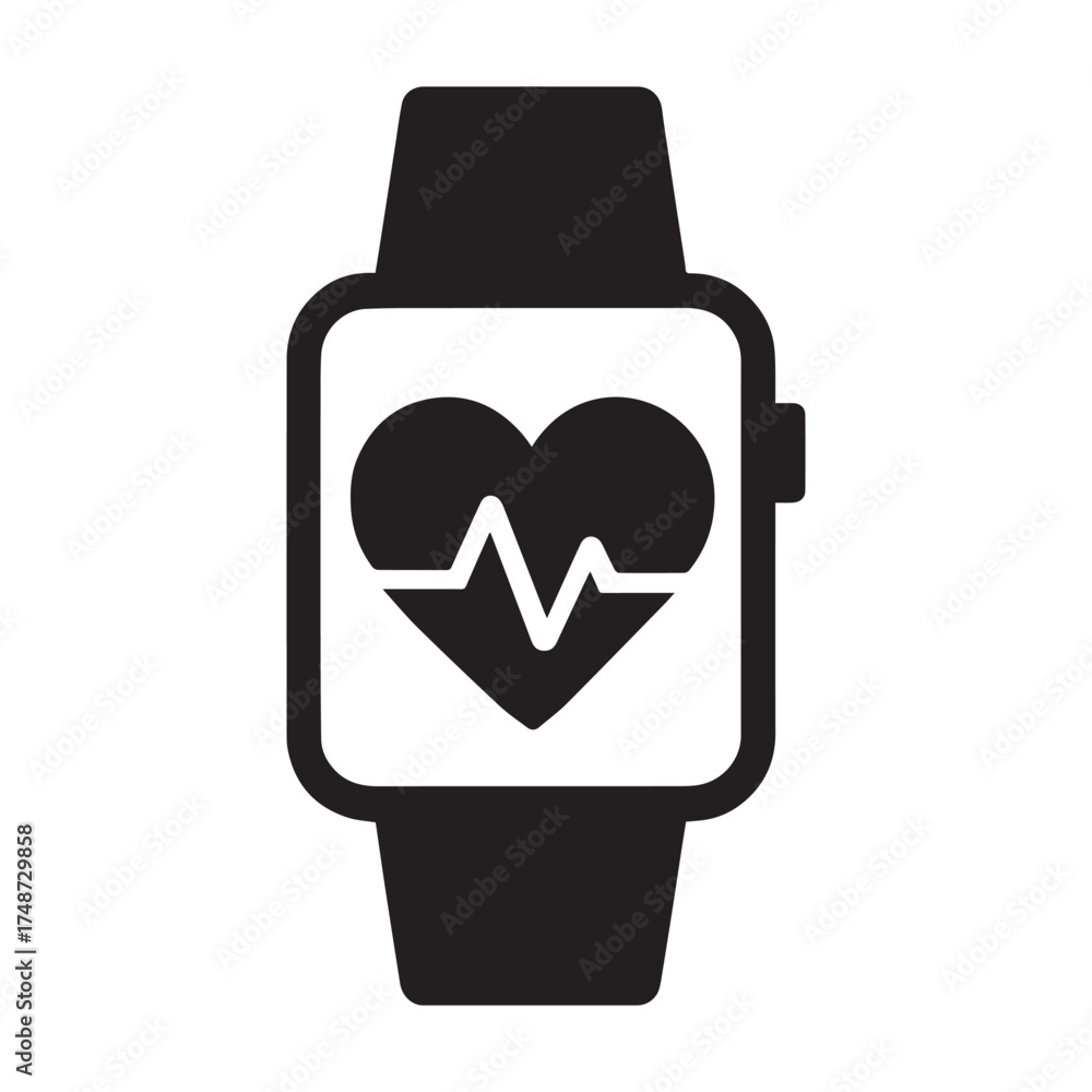 Fototapeta premium Digital Wellness Watch: A sleek black smartwatch design showcases a heart rate monitor icon on its screen, symbolizing modern wellness, healthy living, and technological advancement.