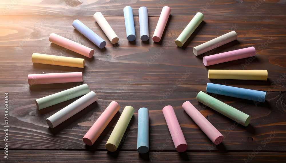 Obraz premium Colorful chalk pieces arranged on a wooden surface