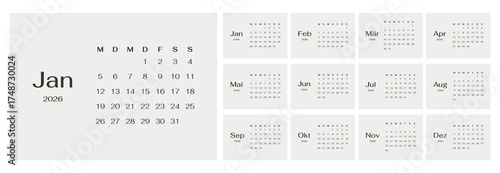 Minimalist Germany 2026 calendar template set of template monthly horizontal pages. Layout Deutsch Jahresplaner for the year. Week start on Monday