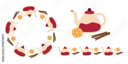 Teapot, Orange, Cinnamon sticks. Seamless brush, wreath or frame. Tea party, round Citrus slice and Spice. Glass Kettle, Tea utensils. Circular ornament. Cozy homey flat design. Vector illustration.
