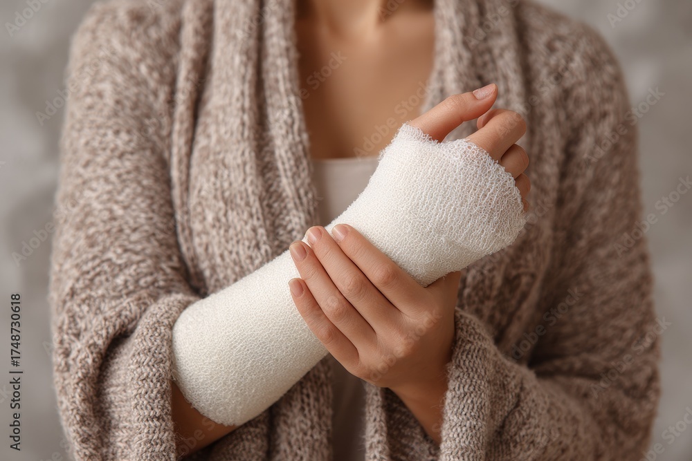Fototapeta premium Aerial photo of an unknown young woman with a fractured right arm in a white cast softly massaging her injury Distressed female with an arm injury from a home accident