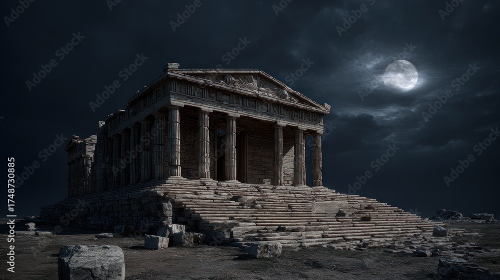Obraz premium Ancient ruined stone temple, lit by the moon, under a dramatic cloudy night sky