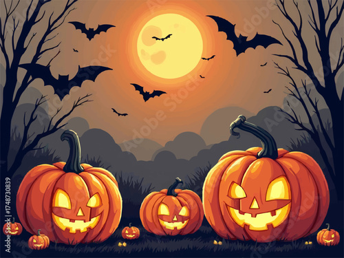 Vector halloween fashion design for children notepad. Funny glowing pumpkin with smile.
Flying bats against the moon at night in forest. 
Cartoon autumn drawing.