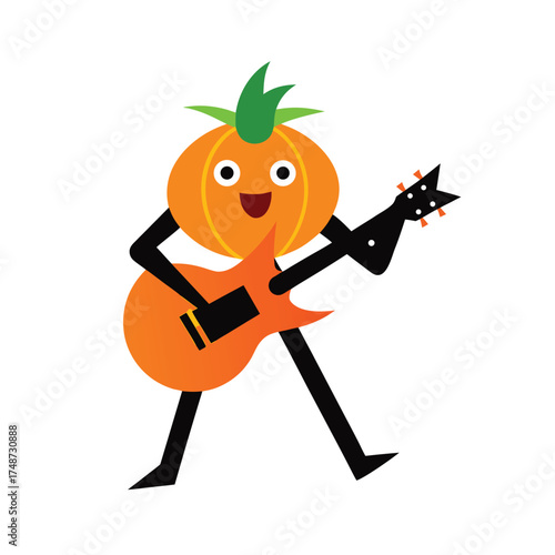  rock star pumpkin mascot playing electric guitar