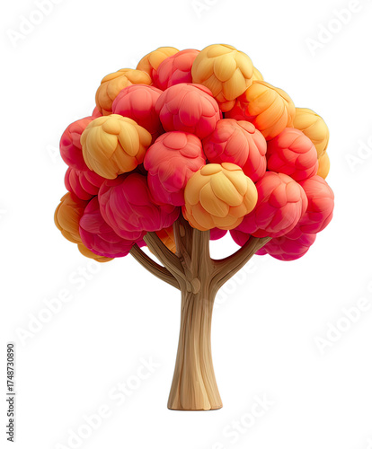 Transparent Png of a Stylized Autumn Tree, an Illustration Featuring a Textured Brown Trunk and a Crown of Layered Red, Orange, and Yellow Spherical Foliage