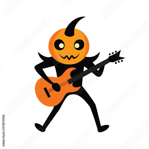  rock star pumpkin mascot playing electric guitar