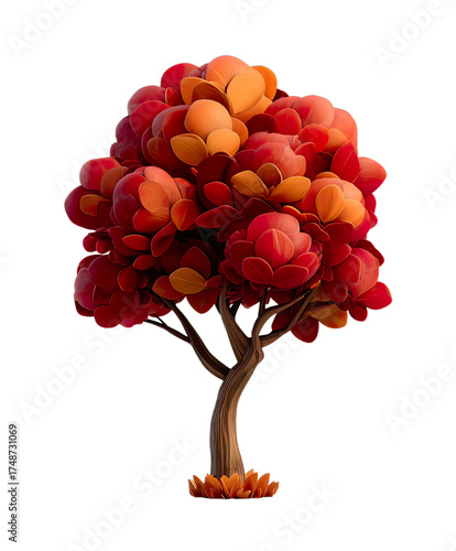 Transparent Png of a Vibrant Autumn Tree with Stylized Red and Orange Leaves, a Whimsical and Decorative Plant Asset