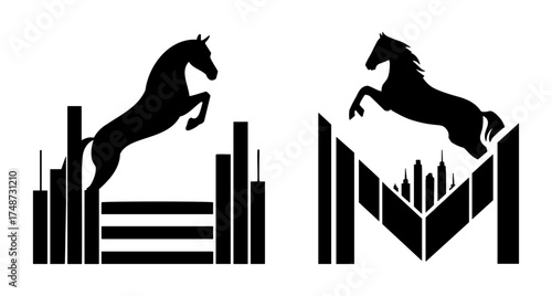 Horse jumping over city skyline – creative silhouette vector design