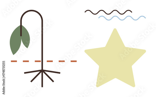 Drooping plant with fallen leaves beside yellow star and wavy lines implies growth, decay, renewal, aspiration, and creativity. Ideal for environment, transformation, metaphor, abstract ideas