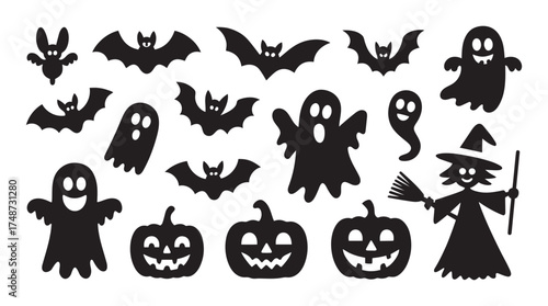 Black silhouette Halloween artwork with bats, ghosts, carved pumpkins, and witch holding broomstick, spooky, and festive design elements