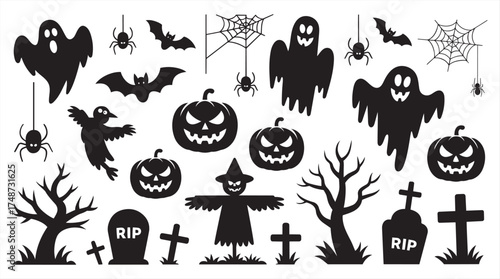 Spooky Halloween night set with black silhouettes of ghosts, bats, spiders, pumpkins, tombstones, scarecrow, and bare trees on a transparent background
