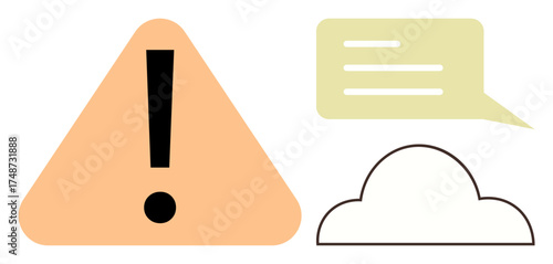 Orange triangle with exclamation mark, green speech bubble, and outlined cloud. Ideal for alert, attention, communication, caution, information warning dialogue. Minimalist flat metaphor