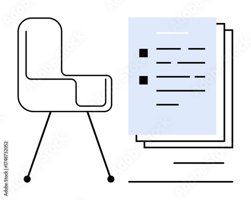 Office chair with sleek design next to stacked documents and checklist. Ideal for business, organization, productivity, workplace efficiency, office settings, work-life balance, minimalism. Simple