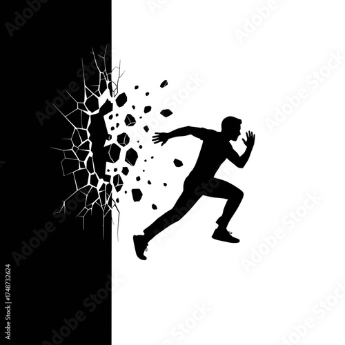 A determined runner shatters a barrier, a powerful graphic symbol of overcoming adversity and achieving freedom