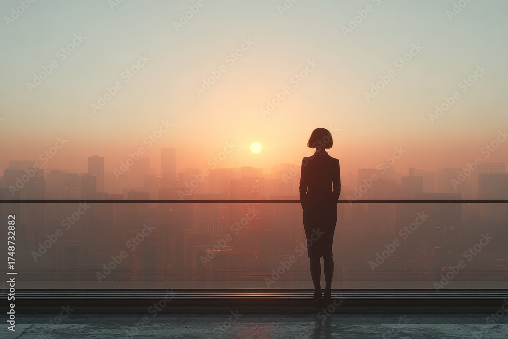 Fototapeta premium Businesswoman in a suit on a balcony with a city skyline at dawn 3D illustration