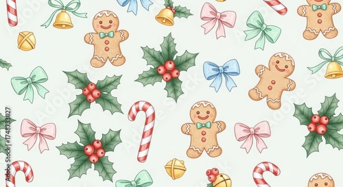 Festive christmas pattern featuring gingerbread cookies holly candy canes and ribbons