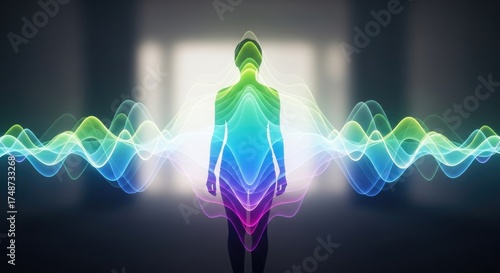 Luminous human energy field radiating vibrant waves of color, symbolizing inner spirit, consciousness, and vital force, abstract wave pattern