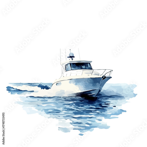 Speedboat, watercolor drawing vector, isolated on a white background.