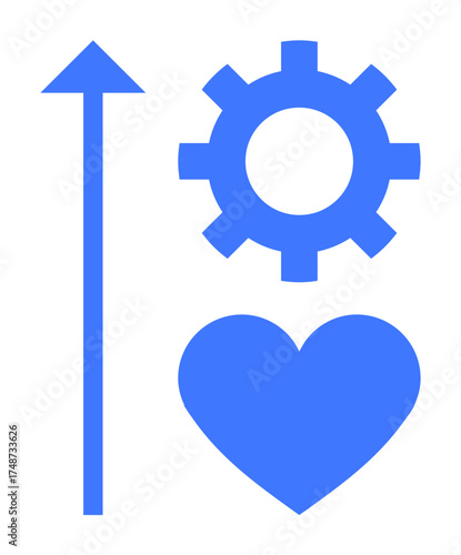 Blue upward arrow, gear, and heart symbols conveying growth, innovation, and empathy. Ideal for business progress, teamwork, productivity, personal development strategy leadership