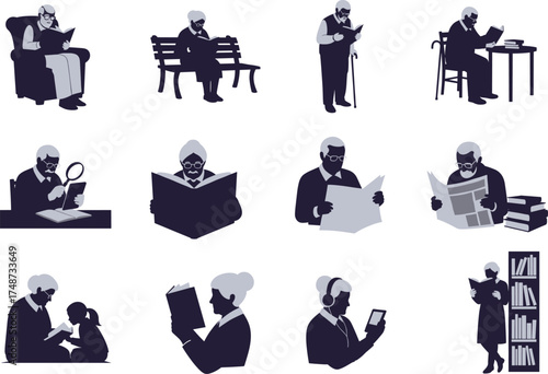 Elderly Reading Silhouettes Collection | Senior People with Books Vector Illustration