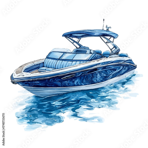 Speedboat, watercolor vector, isolated on a white background.