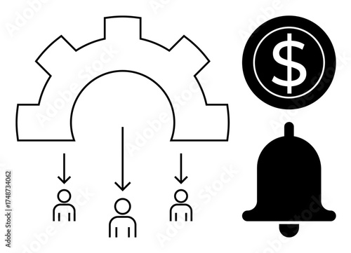Gear symbol for process, arrows directing to individuals, dollar icon for finance, bell for alerts. Ideal for workflow, automation, finance, team management, notifications business operations