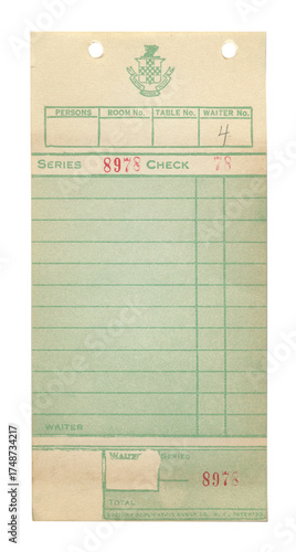 Фотография Vintage 1940s Blank Numbered Restaurant Guest Check Receipt Form - Yellowed & Ag