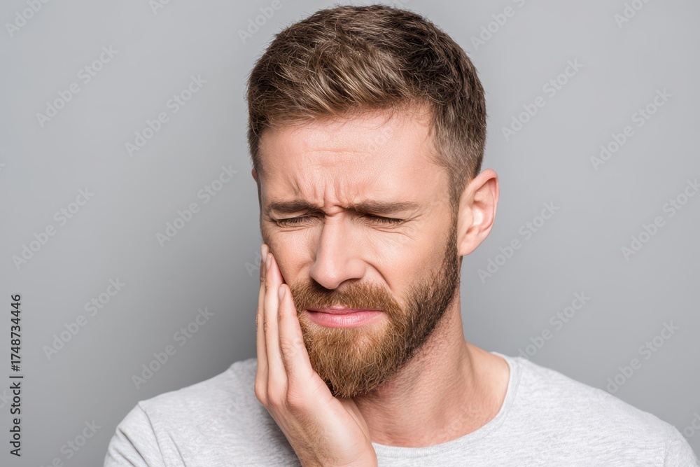 Fototapeta premium Toothache and dental care young man gripping cheek in distress from severe pain