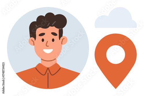 Smiling man in circular frame accompanied by orange location pin and cloud. Ideal for navigation, connection, networking, profile identification, digital communication, geolocation, innovative