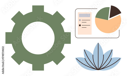 Gear signifies productivity, pie chart represents data analysis, and blue lotus symbolizes wellness. Ideal for business strategy, efficiency, data, mindfulness, balance, growth simple flat metaphor