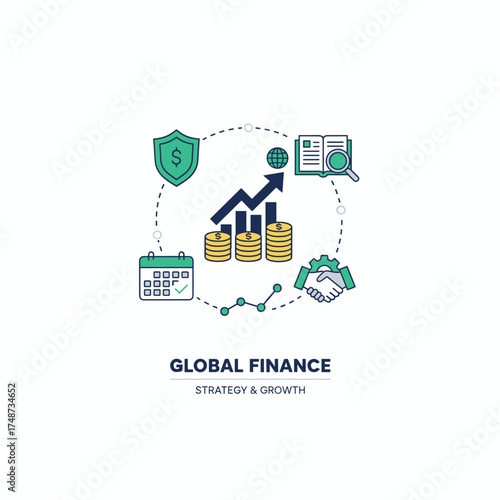 A flat-line design concept tailored for global investment, finance, banking, market data analytics, strategic management, money growth, financial planning, and consulting, suitable for a website