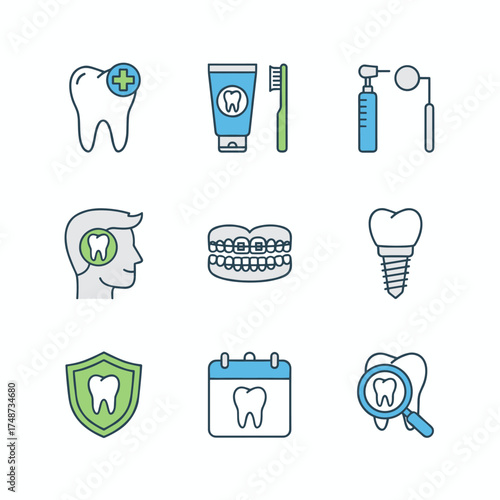 A set of flat line icons featuring dental care themes, services, equipment, products, treatments, and prosthetics—vector concepts for graphic and web design