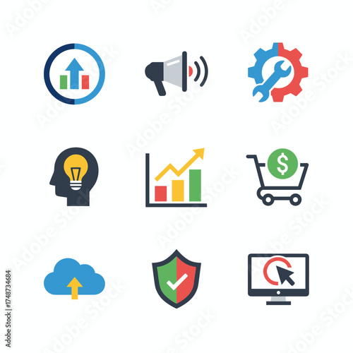 A collection of contemporary flat-style icons for business and marketing, tailored for graphic and web designers