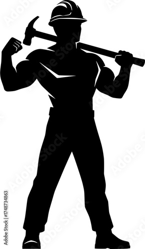 Silhouette of a muscular construction worker holding a hammer over his shoulder