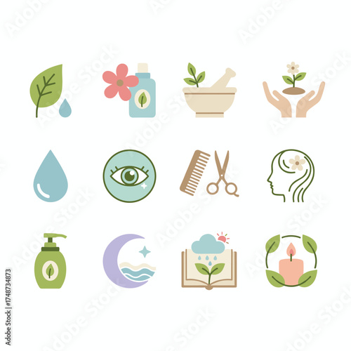 A collection of flat design icons featuring beauty and nature themes for natural products, cosmetics, healthcare, beauty centers, spas, and wellness