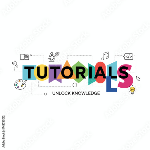 A thin-line flat design banner for the TUTORIALS webpage, an online platform offering tutorials across various fields, featuring a vector illustration of the word TUTORIALS for website banners