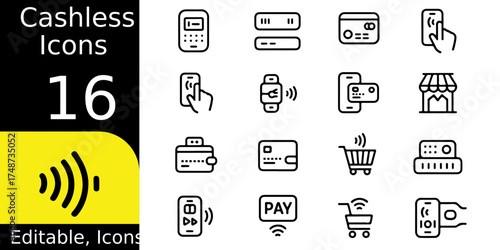 Collection of sixteen editable cashless payment icons