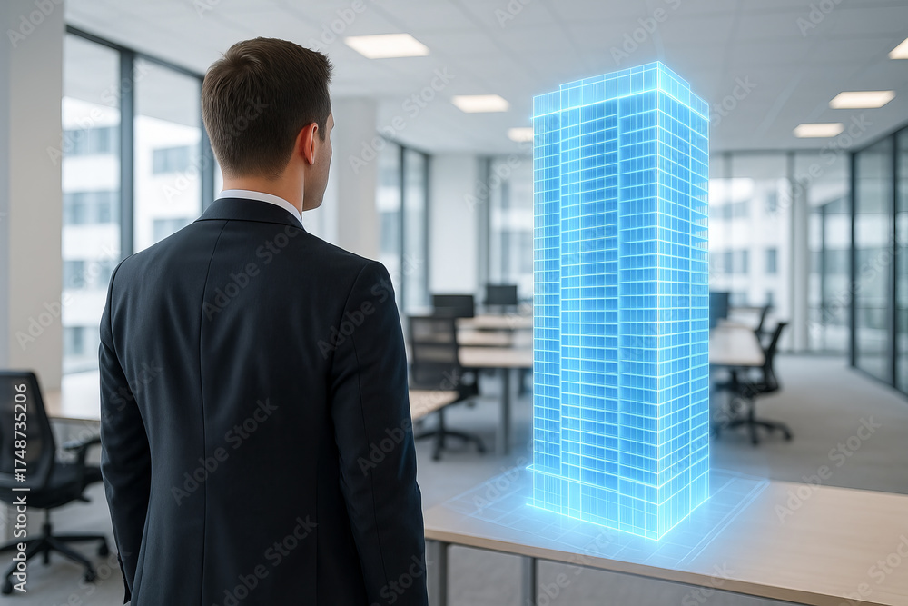 Fototapeta premium Holographic office project with businessman observing virtual building model in modern workspace. concept of futuristic technology, innovative design, workplace evolution