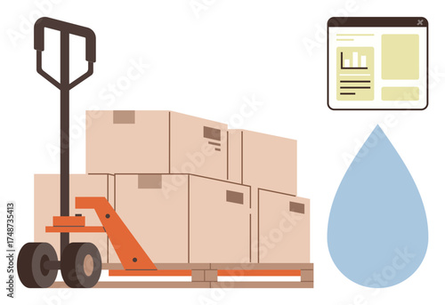 Pallet jack loaded with cardboard boxes, digital interface with analytics, and water drop. Ideal for logistics, supply chain, inventory, sustainability, shipping, warehouse and water management